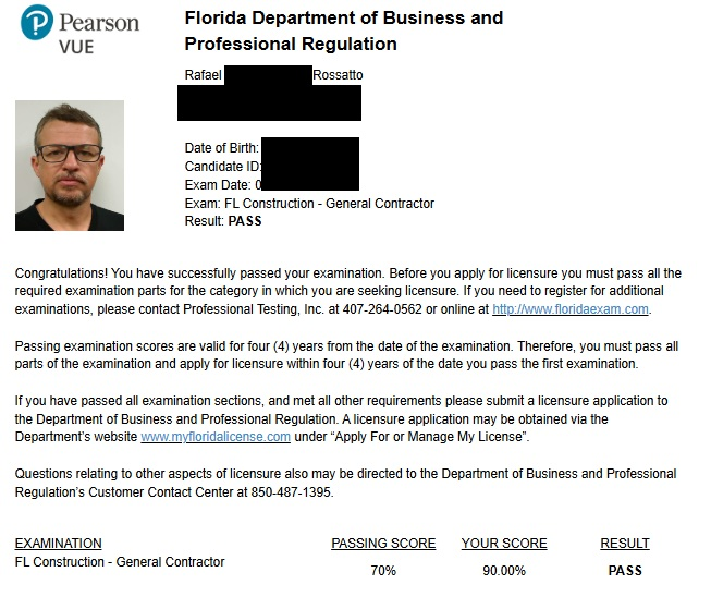 Resultado oficial Pearson VUE: Rafael Rossatto aprovado no exame FL Construction General Contractor com 90%